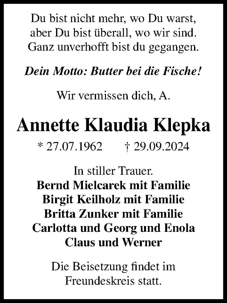  Traueranzeige für Annette Klaudia Klepka vom 09.11.2024 aus Hannoversche Allgemeine Zeitung/Neue Presse