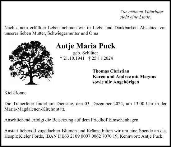 Traueranzeige von Antje Maria Puck von Kieler Nachrichten