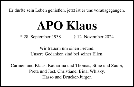 Traueranzeige von Apo Klaus  von Lübecker Nachrichten