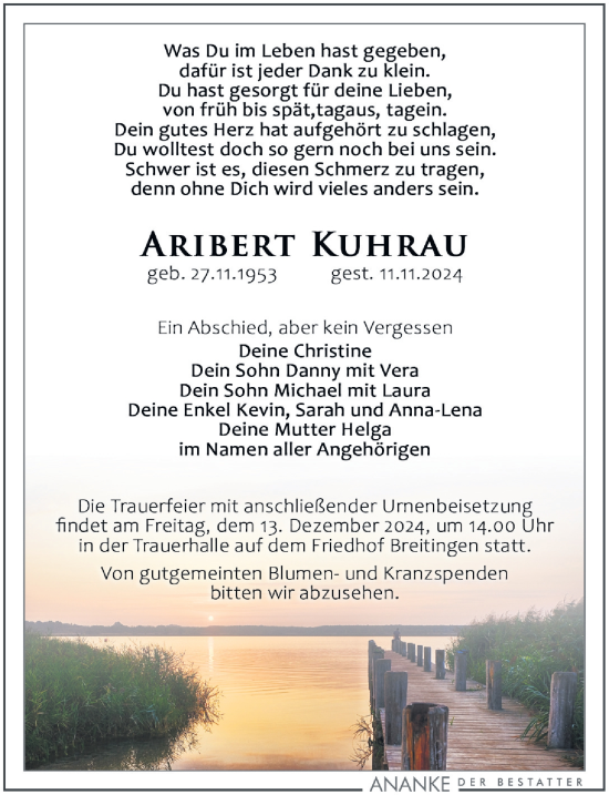 Traueranzeige von Aribert Kuhrau von Leipziger Volkszeitung