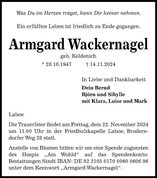 Traueranzeige von Armgard Wackernagel von Kieler Nachrichten