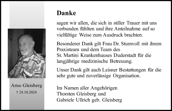 Traueranzeige von Arno Gleisberg von Eichsfelder Tageblatt