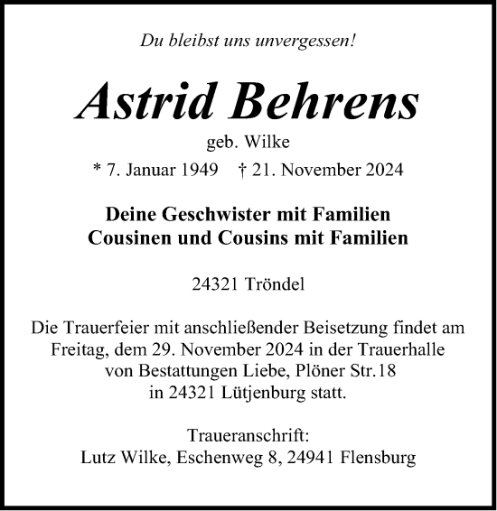 Traueranzeige von Astrid Behrens von Kieler Nachrichten