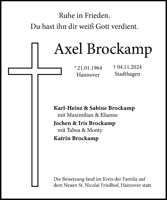 Traueranzeige von Axel Brockamp von Hannoversche Allgemeine Zeitung/Neue Presse