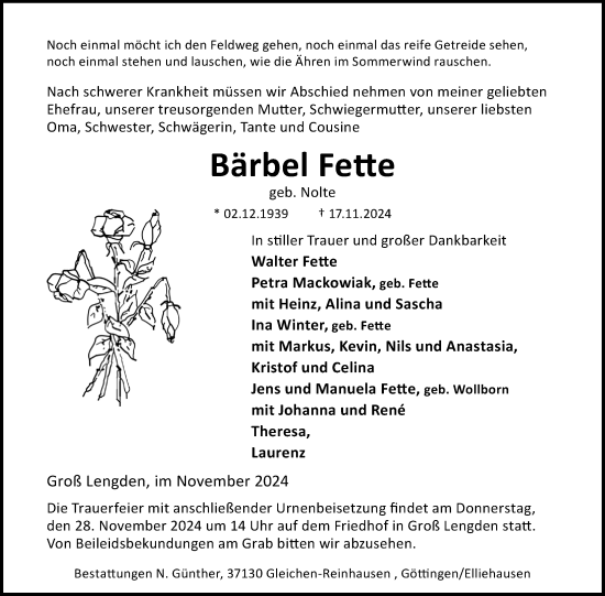 Traueranzeige von Bärbel Fette von Göttinger Tageblatt