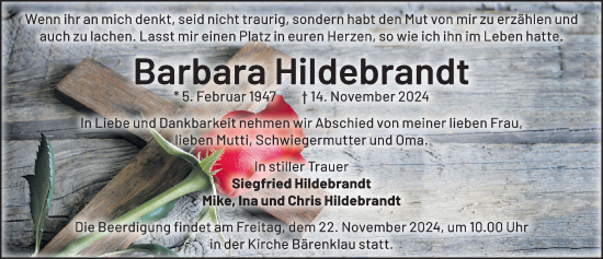 Traueranzeige von Barbara Hildebrandt von Märkischen Allgemeine Zeitung