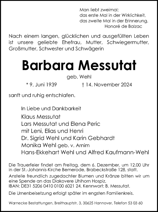 Traueranzeige von Barbara Messutat von Hannoversche Allgemeine Zeitung/Neue Presse