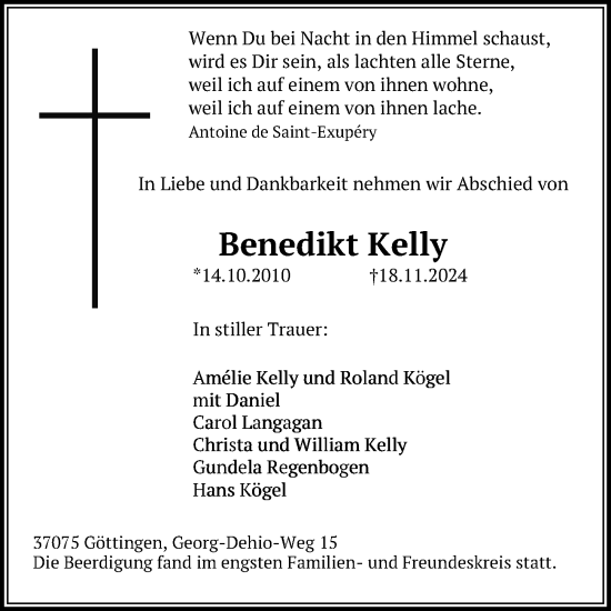 Traueranzeige von Benedikt Kelly von Göttinger Tageblatt