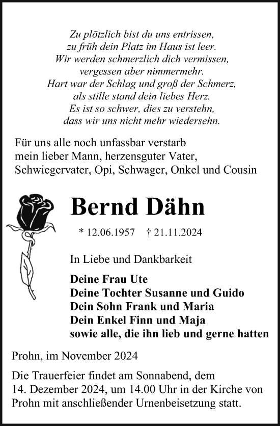 Traueranzeige von Bernd Dähn von Ostsee-Zeitung GmbH