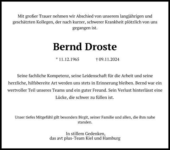 Traueranzeige von Bernd Droste von Kieler Nachrichten