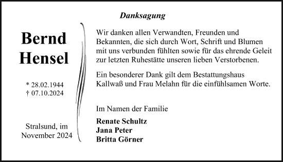 Traueranzeige von Bernd Hensel von Ostsee-Zeitung GmbH