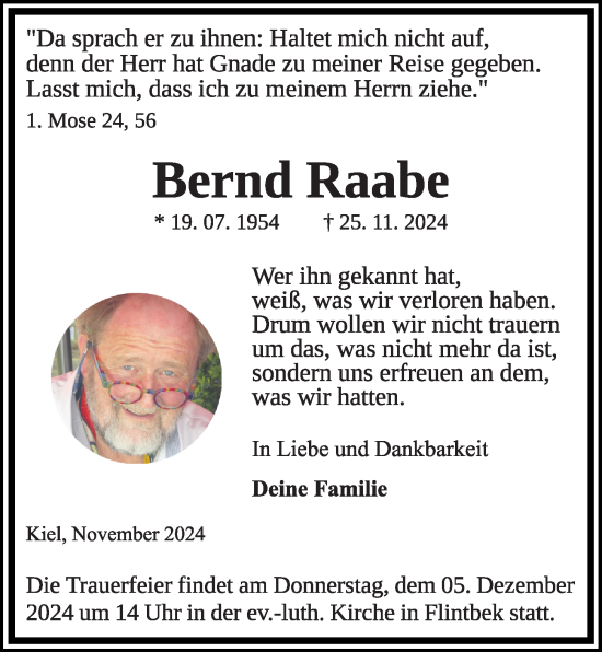 Traueranzeige von Bernd Raabe von Kieler Nachrichten