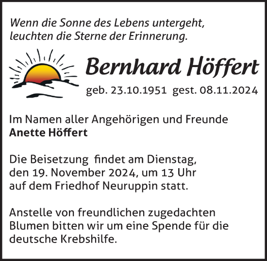 Traueranzeige von Bernhard Höffert von Märkischen Allgemeine Zeitung