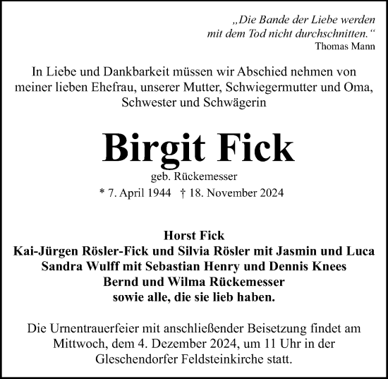 Traueranzeige von Birgit Fick von Lübecker Nachrichten