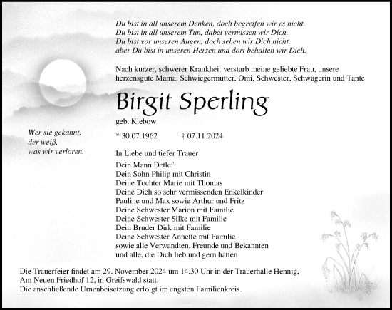 Traueranzeige von Birgit Sperling von Ostsee-Zeitung GmbH