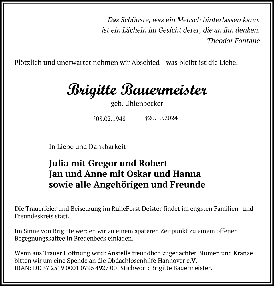  Traueranzeige für Brigitte Bauermeister vom 09.11.2024 aus Hannoversche Allgemeine Zeitung/Neue Presse