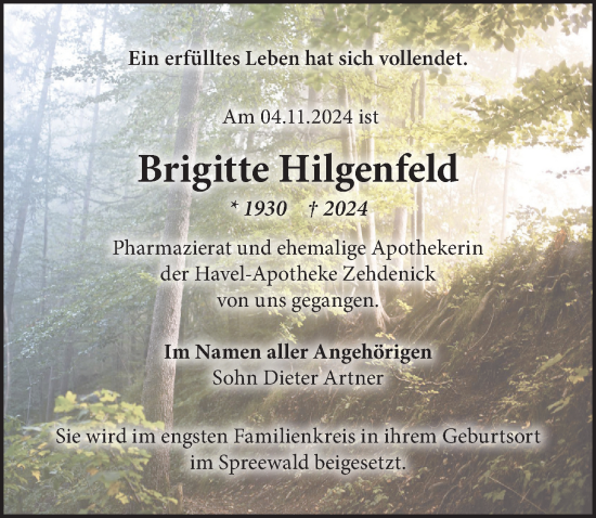 Traueranzeige von Brigitte Hilgenfeld von Märkischen Allgemeine Zeitung