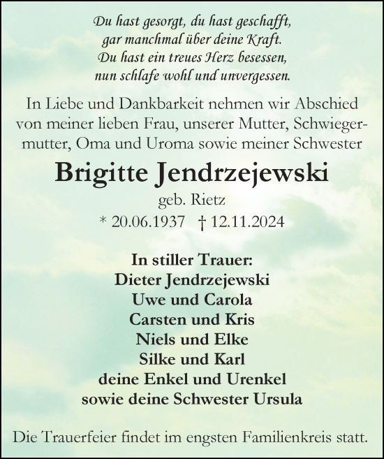 Traueranzeige von Brigitte Jendrzejewski von Ostsee-Zeitung GmbH