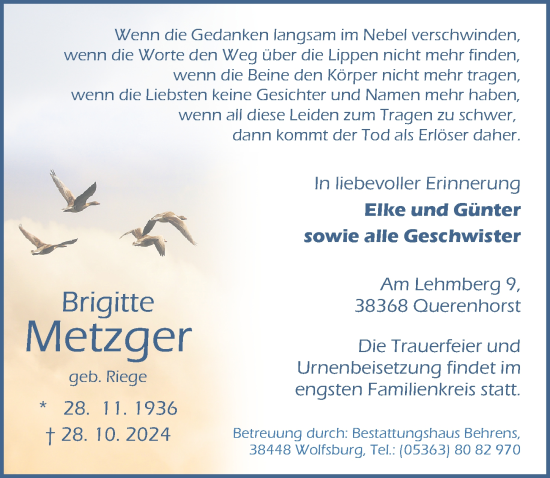 Traueranzeige von Brigitte Metzger von Aller Zeitung