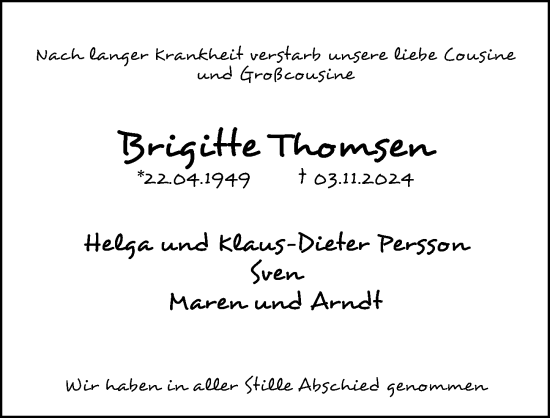 Traueranzeige von Brigitte Thomsen von Lübecker Nachrichten