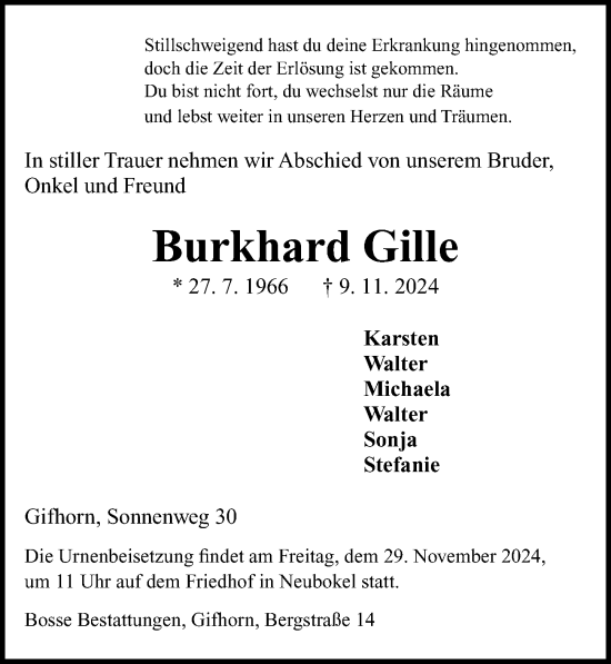 Traueranzeige von Burkhard Gille von Aller Zeitung