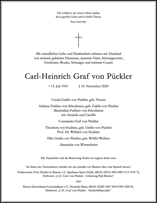 Traueranzeige von Carl-Heinrich Graf von Pückler von Hannoversche Allgemeine Zeitung/Neue Presse