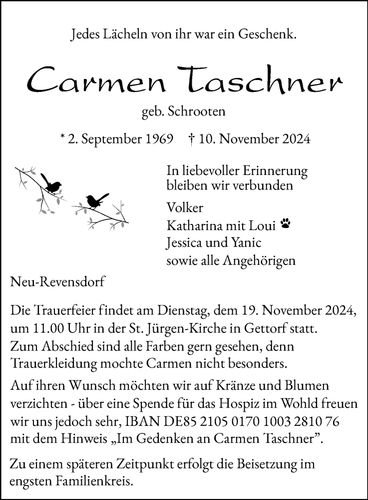  Traueranzeige für Carmen Taschner vom 13.11.2024 aus Kieler Nachrichten