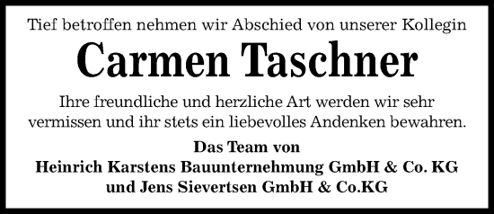 Traueranzeige von Carmen Taschner von Kieler Nachrichten