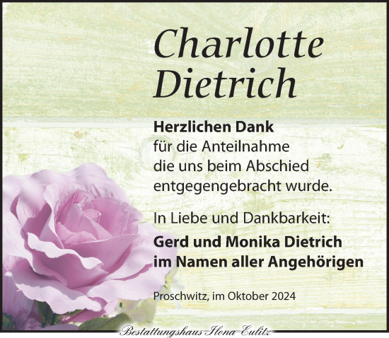 Traueranzeige von Charlotte Dietrich von Torgauer Zeitung