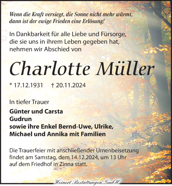 Traueranzeige von Charlotte Müller von Torgauer Zeitung