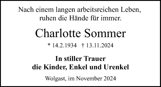 Traueranzeige von Charlotte Sommer von Ostsee-Zeitung GmbH