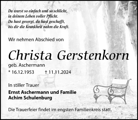 Traueranzeige von Christa Gerstenkorn von Wochenspiegel