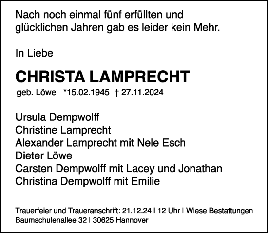 Traueranzeige von Christa Lamprecht von Hannoversche Allgemeine Zeitung/Neue Presse