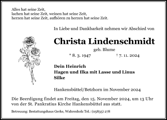 Traueranzeige von Christa Lindenschmidt von Aller Zeitung