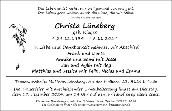 Traueranzeige von Christa Lüneberg von Peiner Allgemeine Zeitung