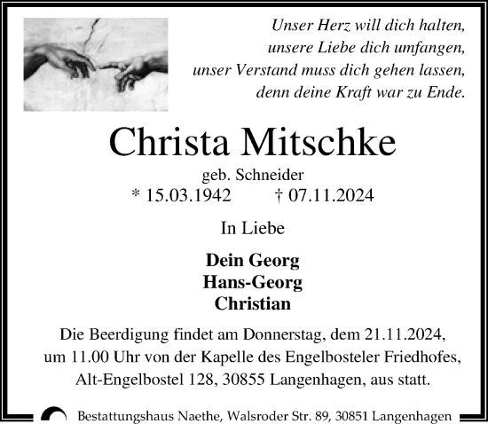 Traueranzeige von Christa Mitschke von Hannoversche Allgemeine Zeitung/Neue Presse