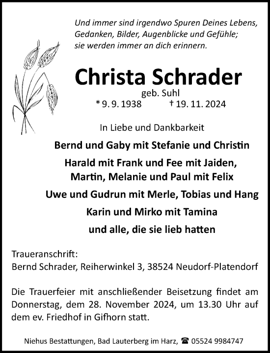 Traueranzeige von Christa Schrader von Aller Zeitung