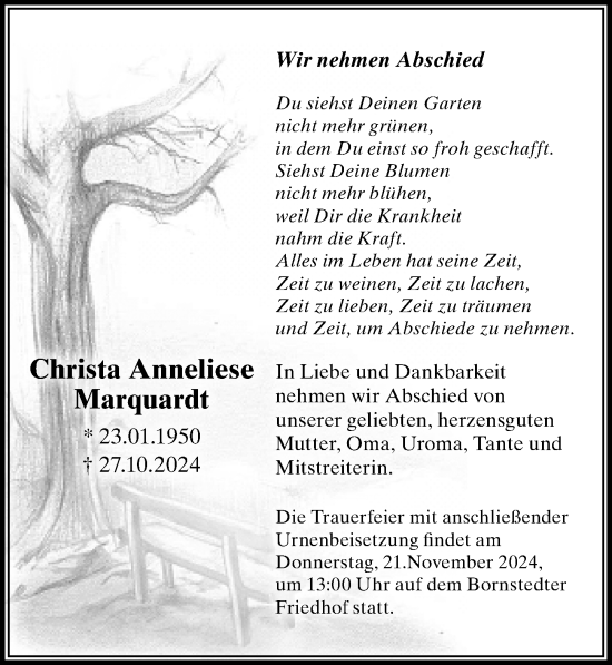 Traueranzeige von Christa Anneliese Marquardt von Märkischen Allgemeine Zeitung