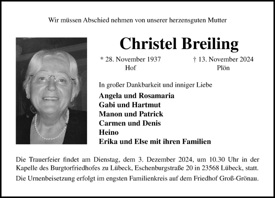 Traueranzeige von Christel Breiling von Lübecker Nachrichten