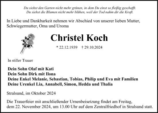 Traueranzeige von Christel Koch von Ostsee-Zeitung GmbH