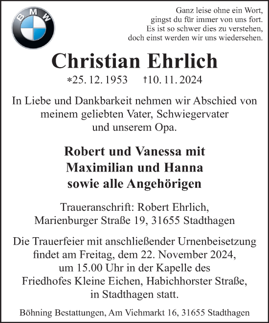 Traueranzeige von Christian Ehrlich von Schaumburger Nachrichten