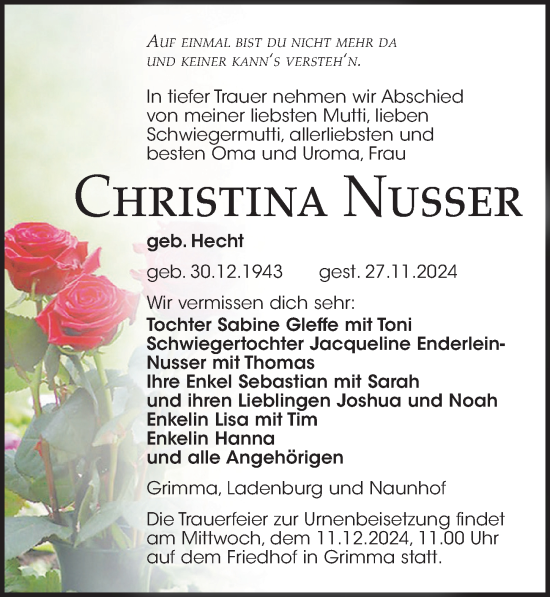 Traueranzeige von Christina Nusser von Leipziger Volkszeitung