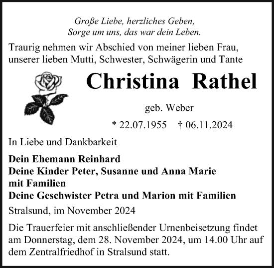 Traueranzeige von Christina Rathel von Ostsee-Zeitung GmbH