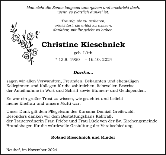 Traueranzeige von Christine Kieschnick von Ostsee-Zeitung GmbH