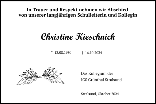 Traueranzeige von Christine Kieschnick von Ostsee-Zeitung GmbH