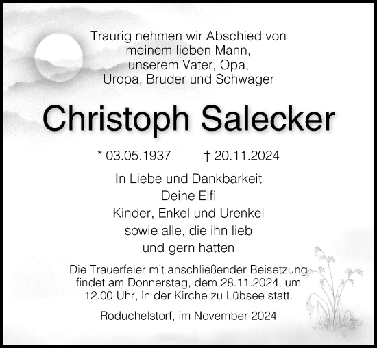 Traueranzeige von Christoph Salecker von Ostsee-Zeitung GmbH