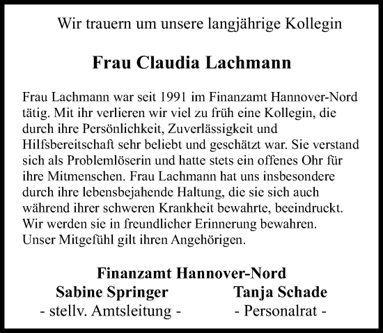 Traueranzeige von Claudia Lachmann von Hannoversche Allgemeine Zeitung/Neue Presse