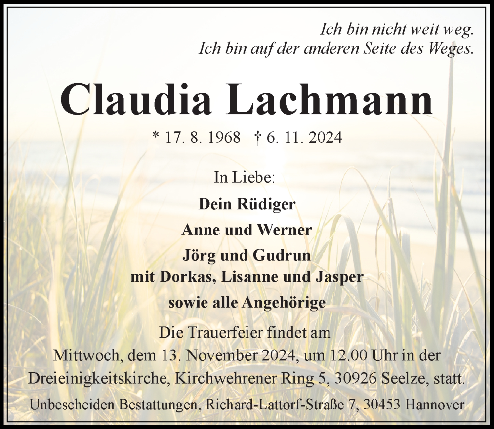  Traueranzeige für Claudia Lachmann vom 09.11.2024 aus Hannoversche Allgemeine Zeitung/Neue Presse