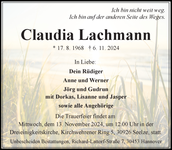 Traueranzeige von Claudia Lachmann von Hannoversche Allgemeine Zeitung/Neue Presse