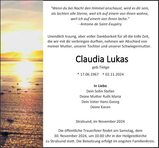 Traueranzeige von Claudia Lukas von Ostsee-Zeitung GmbH